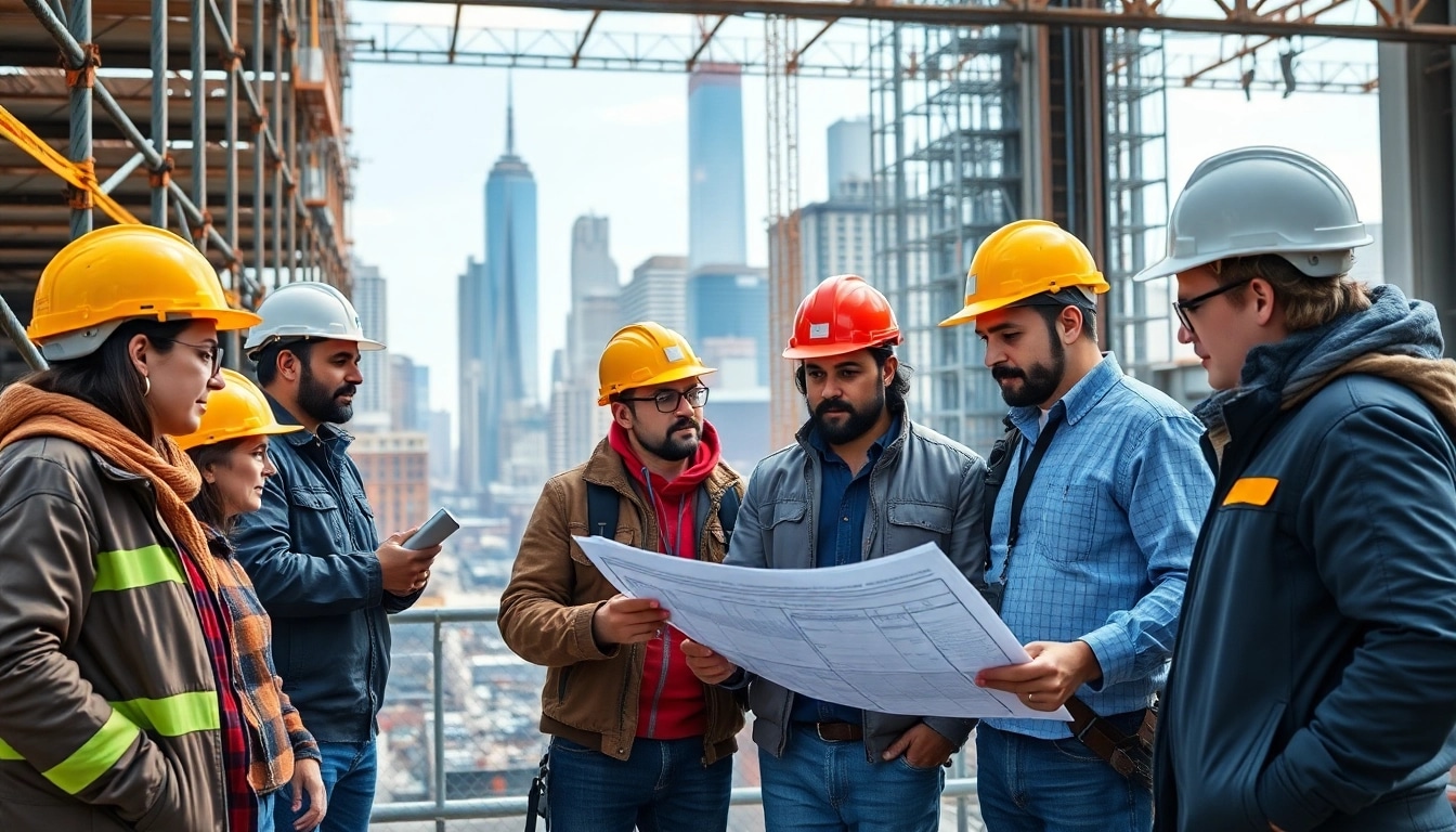 New York General Contractor overseeing a construction project with a diverse team on-site.