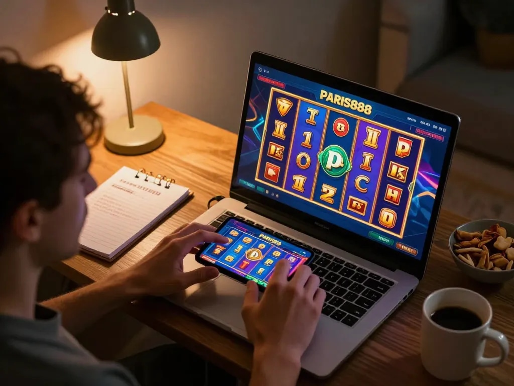 Player engaging with the Paris888 app, showcasing colorful slot games in a cozy home setting