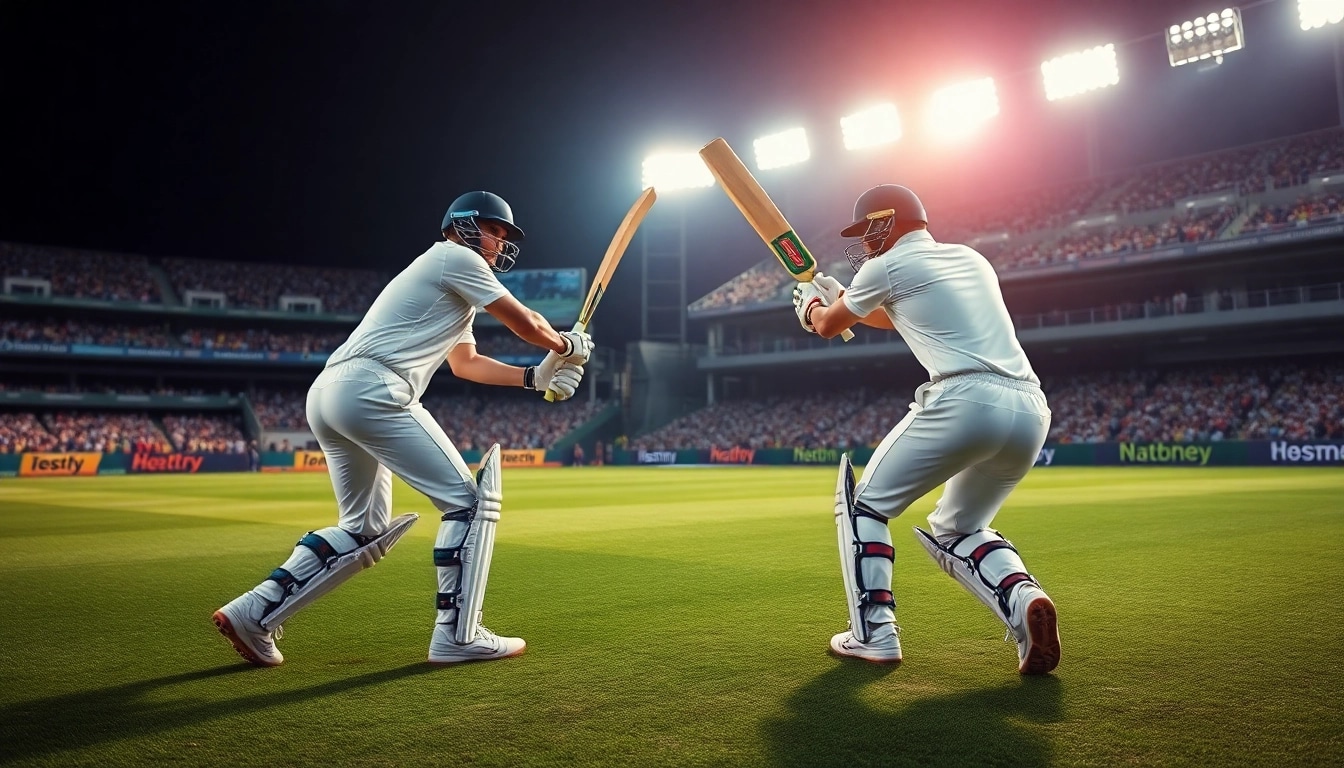 A dynamic scene of IPL match betting prediction with players in action and vibrant crowd energy.