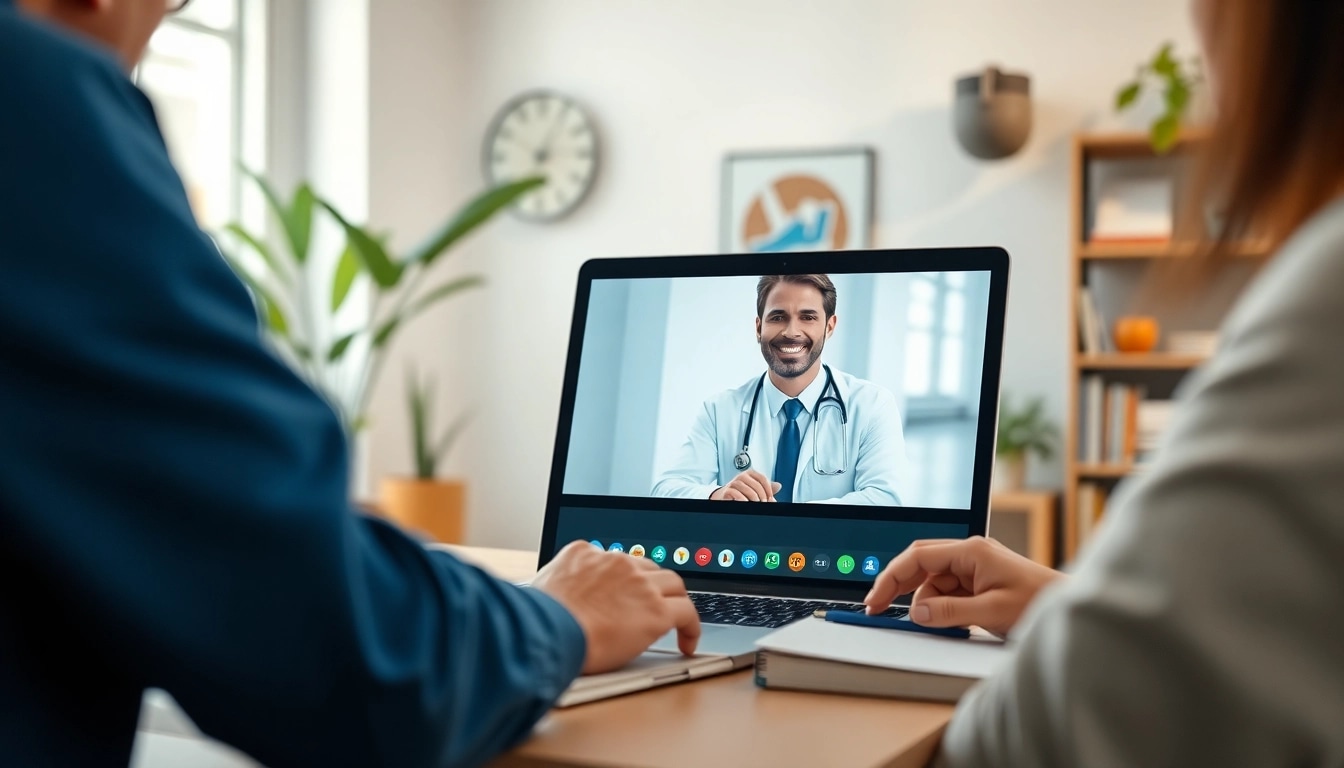 Engaging online doctor visit pay per visit with a doctor on video call in a cozy home office.