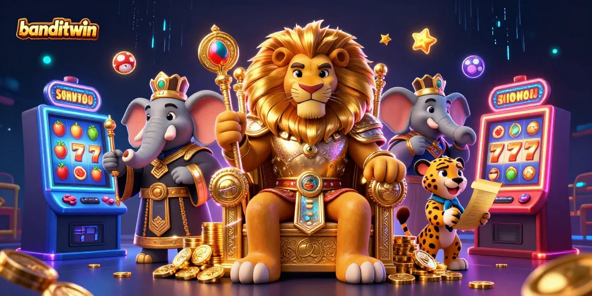 Putar slot dengan banditwin, tampilkan mesin slot cerah dan simbol keberuntungan.