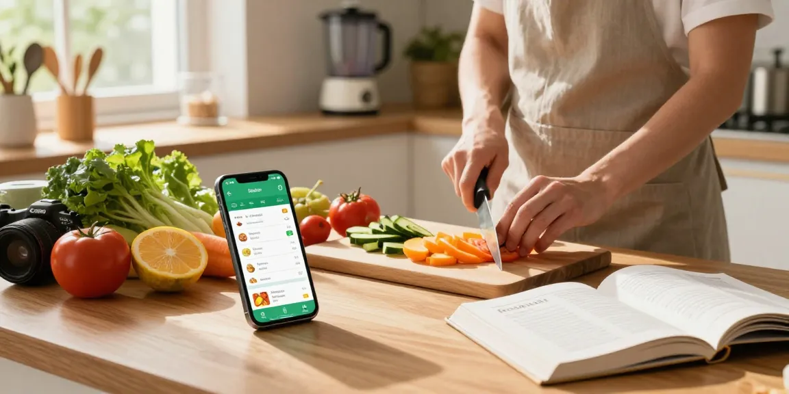 Healthy cooking scene with best nutrition tracking app on display, vibrant ingredients and warm light.