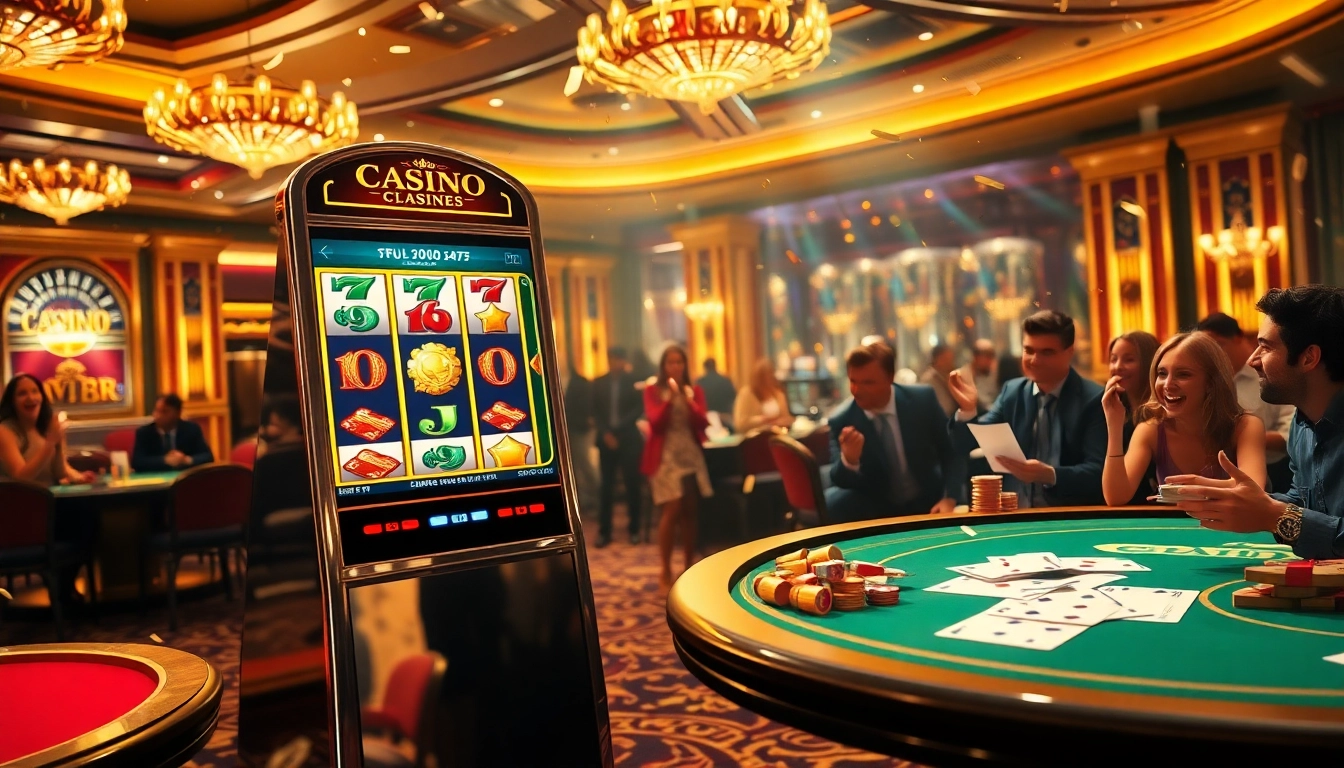 Players engaging with a pragmatic slot machine in an elegant casino setting, capturing excitement and luxury.