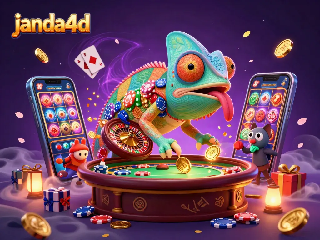 Menangkan permainan di JANDA4D dengan chameleon kasino yang melihat ke berbagai arah dan mengumpulkan koin emas.