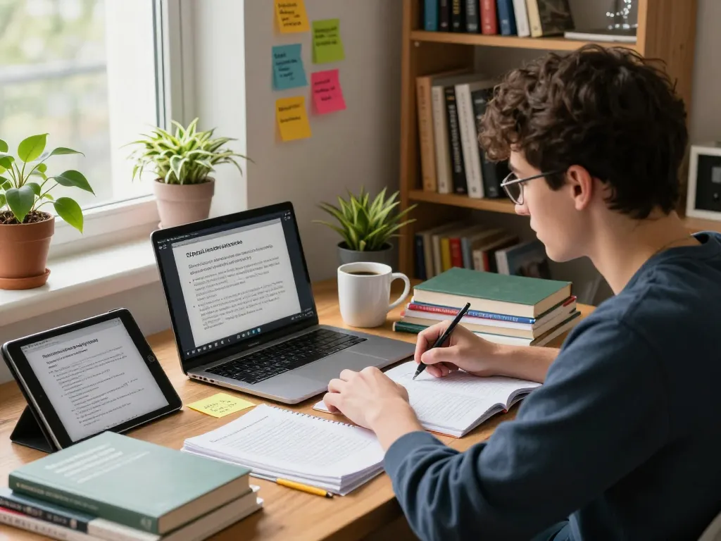 Student studying C168 critical thinking concepts in a cozy home office.