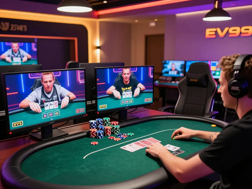 Player strategizing in an intense EV99 online poker game with multiple screens.