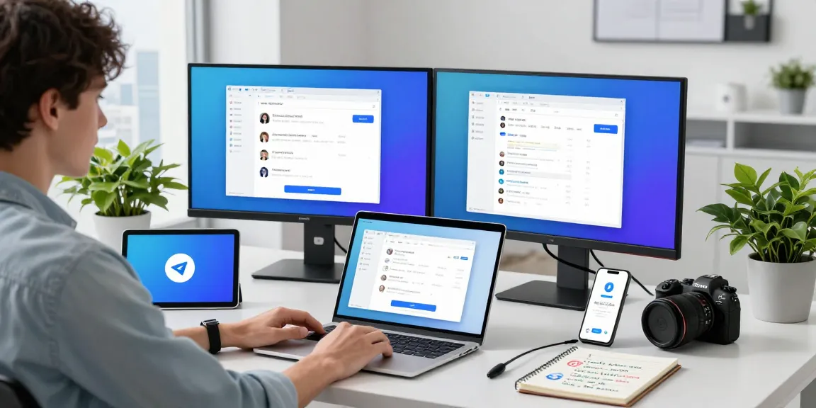 Engaging with the telegram中文版 app on a sleek laptop in a modern workspace setting.