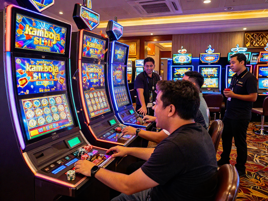 Kamboja slot game excitement in a lively casino setting, players celebrating wins.