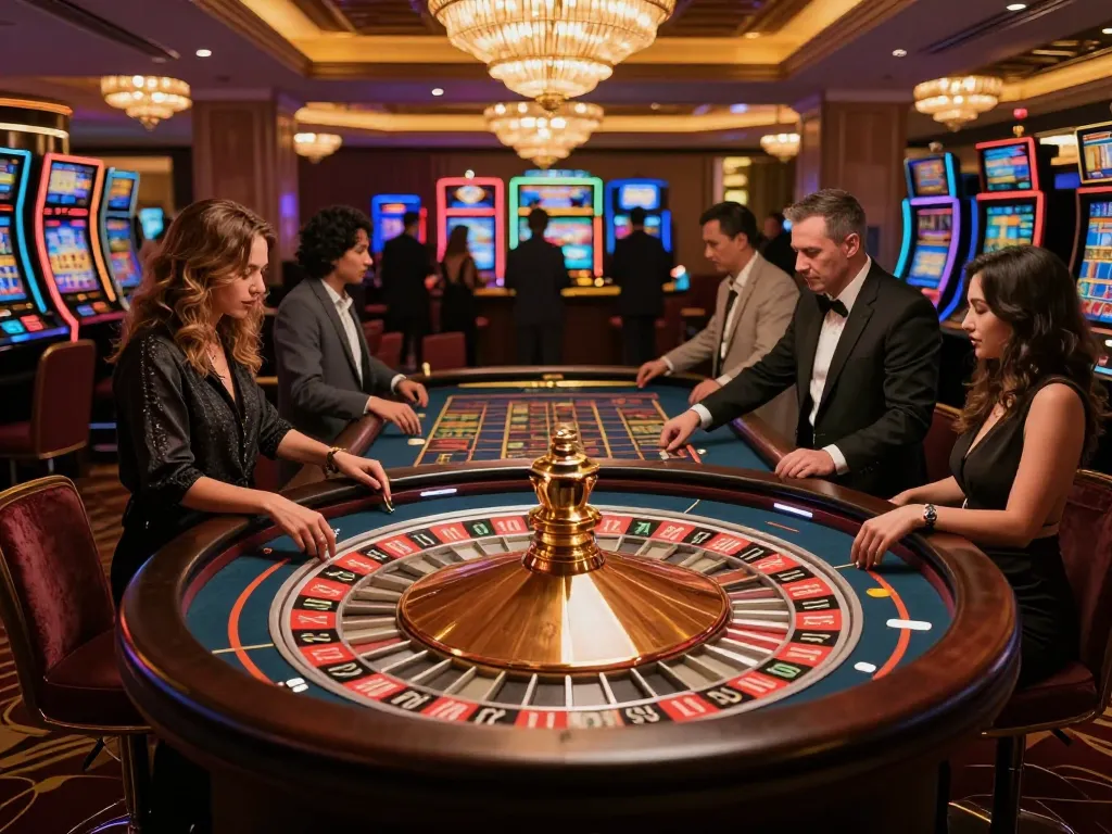 Players at SC88 trang chủ placing bets at a lively roulette table in a vibrant casino atmosphere.