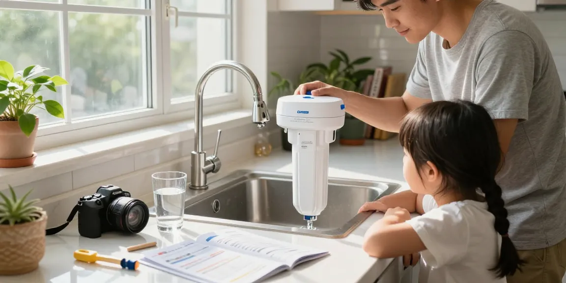 Family installing Overbest 10 x 4.5 Whole House Water Filter Replacement for 3M® Aqua-Pure® AP810 in a bright kitchen.
