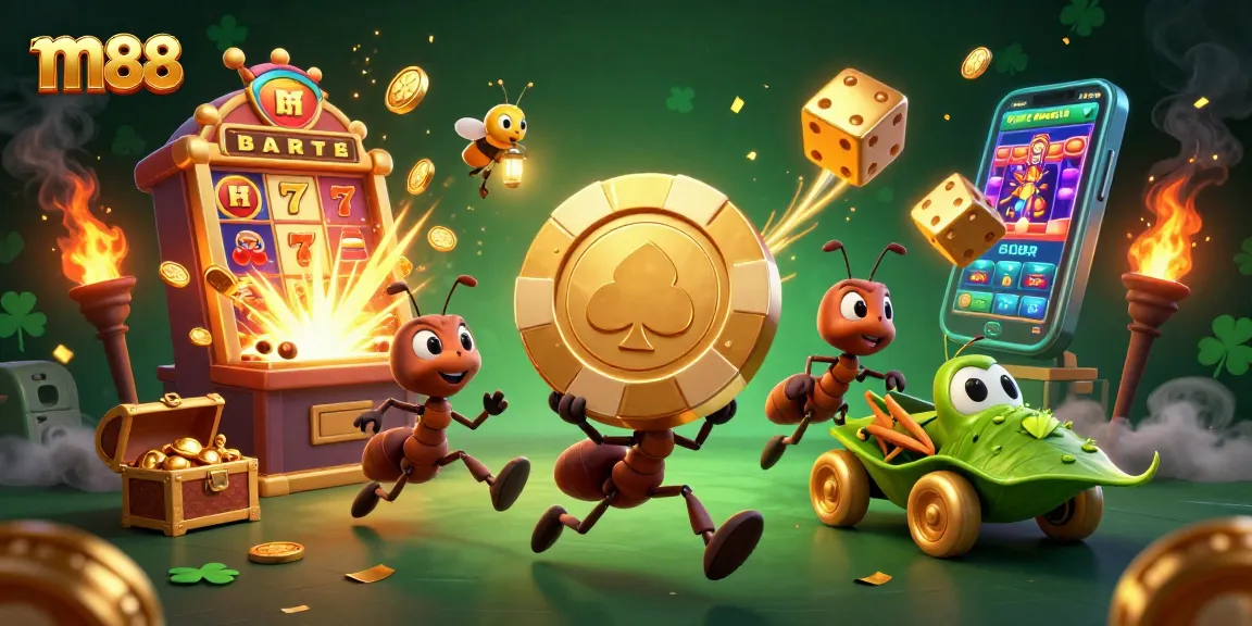 Exciting m88 scene with cartoon ants carrying a golden poker chip and vibrant casino elements.