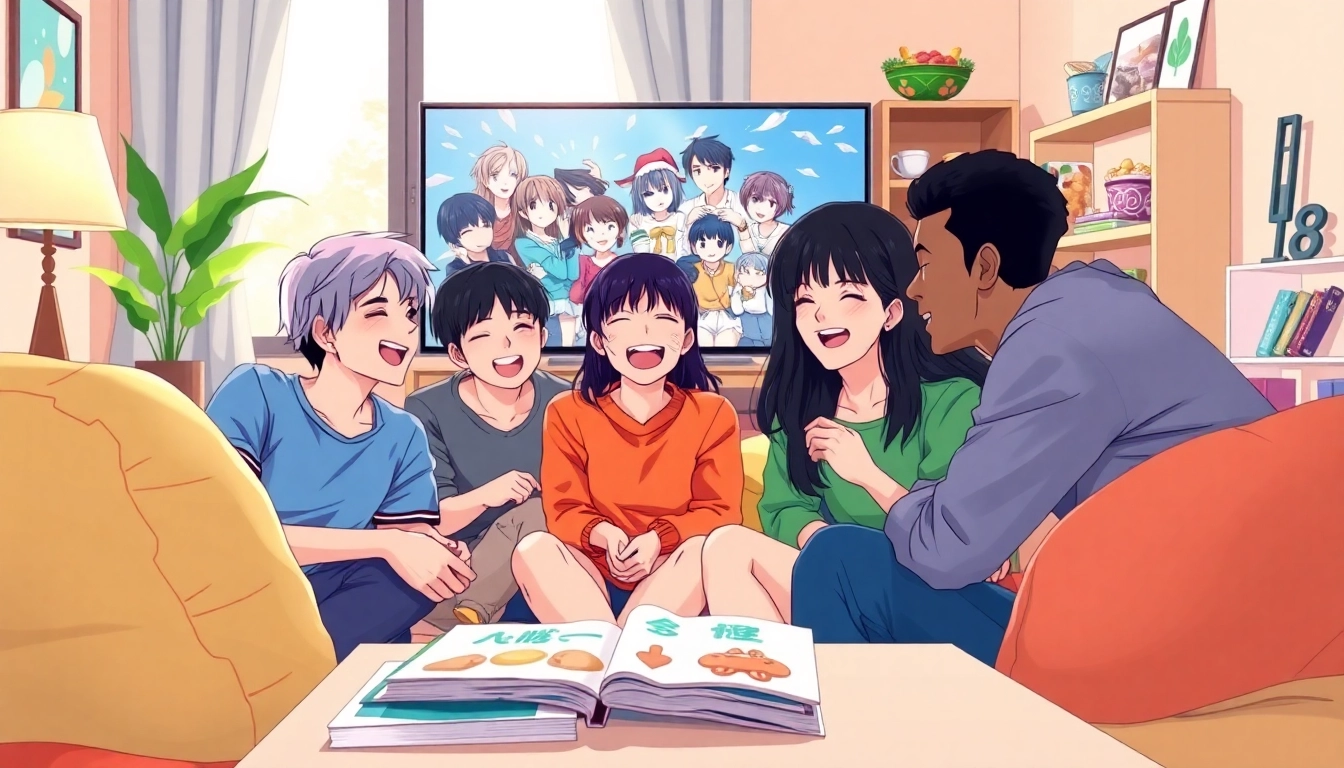Watch anime series online with friends in a cozy living room setting.