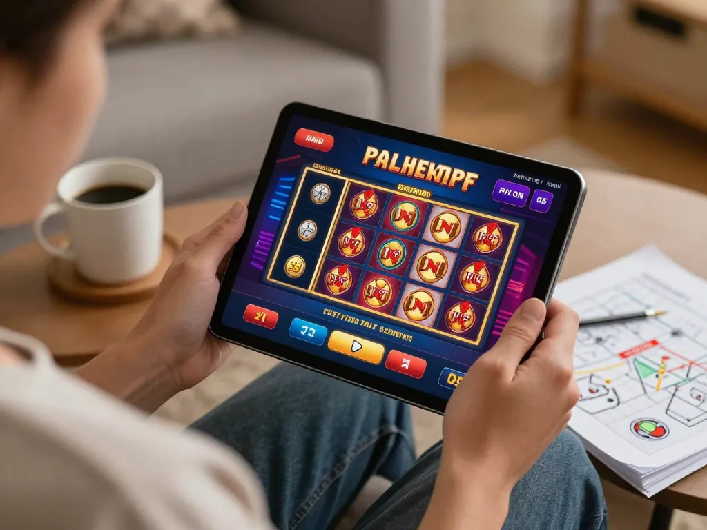 Play mb88 mobile casino app on tablet, showcasing engaging slots and live dealer games in a cozy home setting.