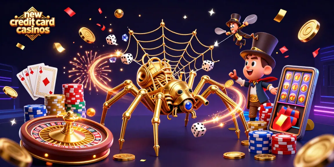 Catch exciting wins at new credit card casinos surrounded by gold coins and poker elements.