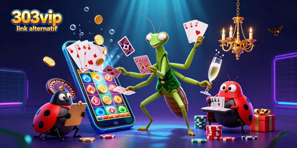 Experience gaming excitement with 303vip link alternatif, where the giant mantis deals cards amidst vibrant casino elements.