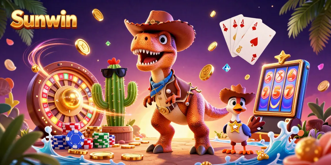 Sunwin's exciting gameplay featuring cartoon dinosaur and casino elements, spinning roulette and golden coins.