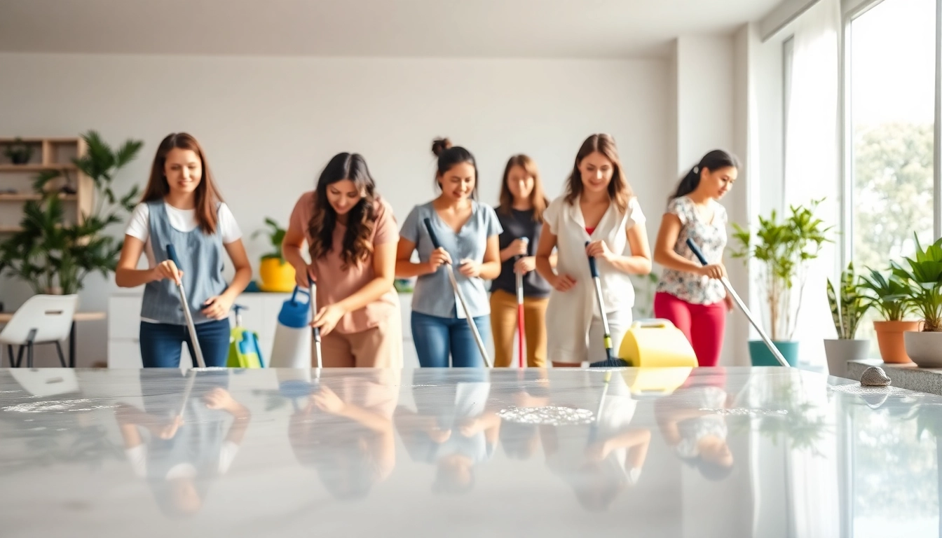 Efficient cleaning services near me showcasing a team in action in a bright home environment.