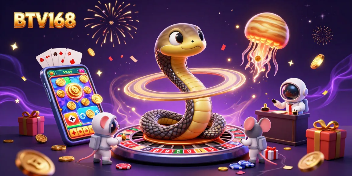 BTV168 offers thrilling cosmic gambling with a Saturn ring snake roulette scene filled with cosmic characters and slot game excitement.
