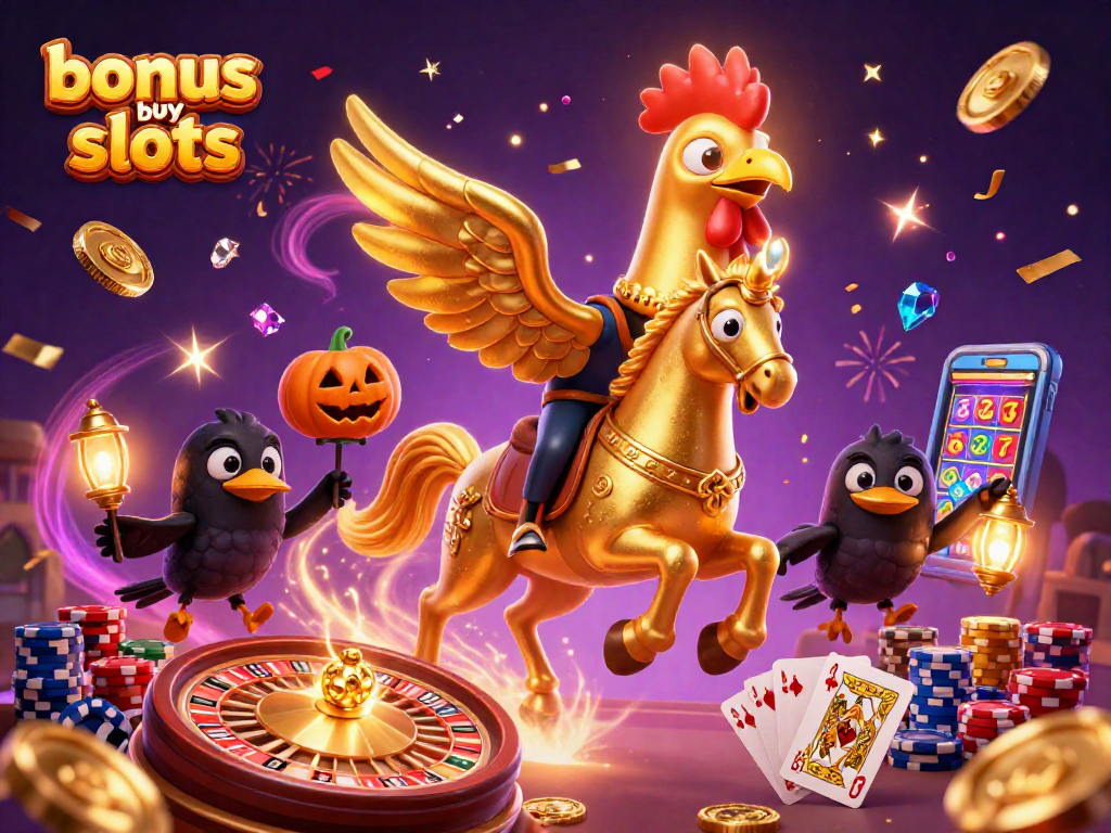 Engage in thrilling bonus buy slots action at a lively casino scene with golden rooster and gaming symbols.