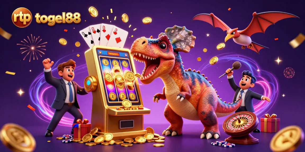Experience thrilling jackpots at rtp togel88 with cartoon dinosaurs, slot machines, and flying coins!
