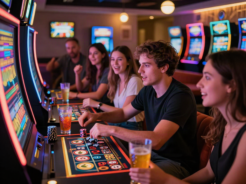Exciting gaming lounge with friends enjoying bro138 slot login link alternatif at vibrant slot machines.