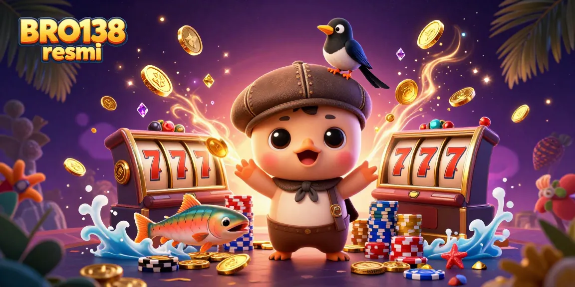 Experience thrilling wins with BRO138 resmi showcasing playful characters, slot reels, and sparkling gems.