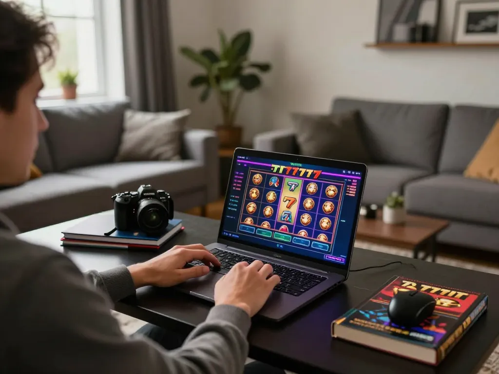 Engaging atmosphere of slot777 online gaming with a player focused on their laptop.