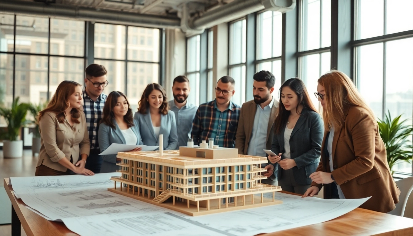Collaborative team providing construction design services in an urban office setting