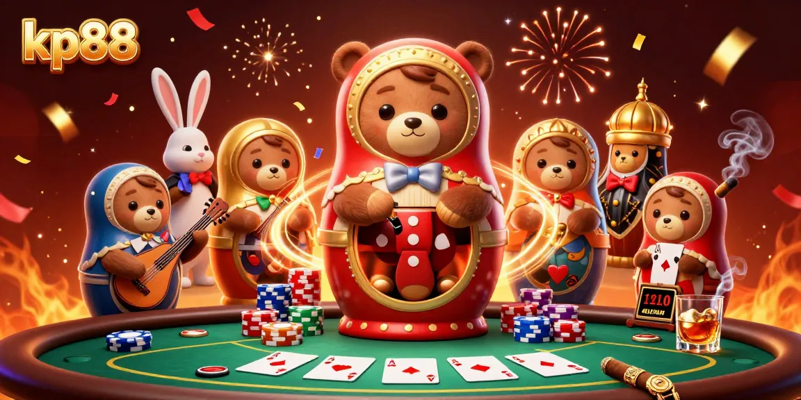 Experience dynamic fun with kp88's vibrant gambling scene featuring bears, cards, and poker chips.