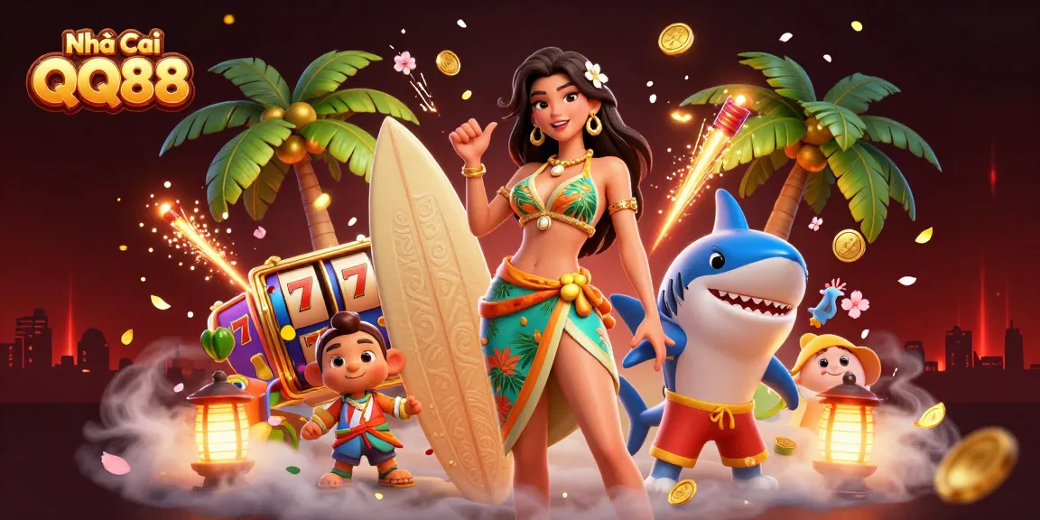 Engage with Nhà Cái QQ88 featuring a glamorous scene of vibrant slot games and fun characters.