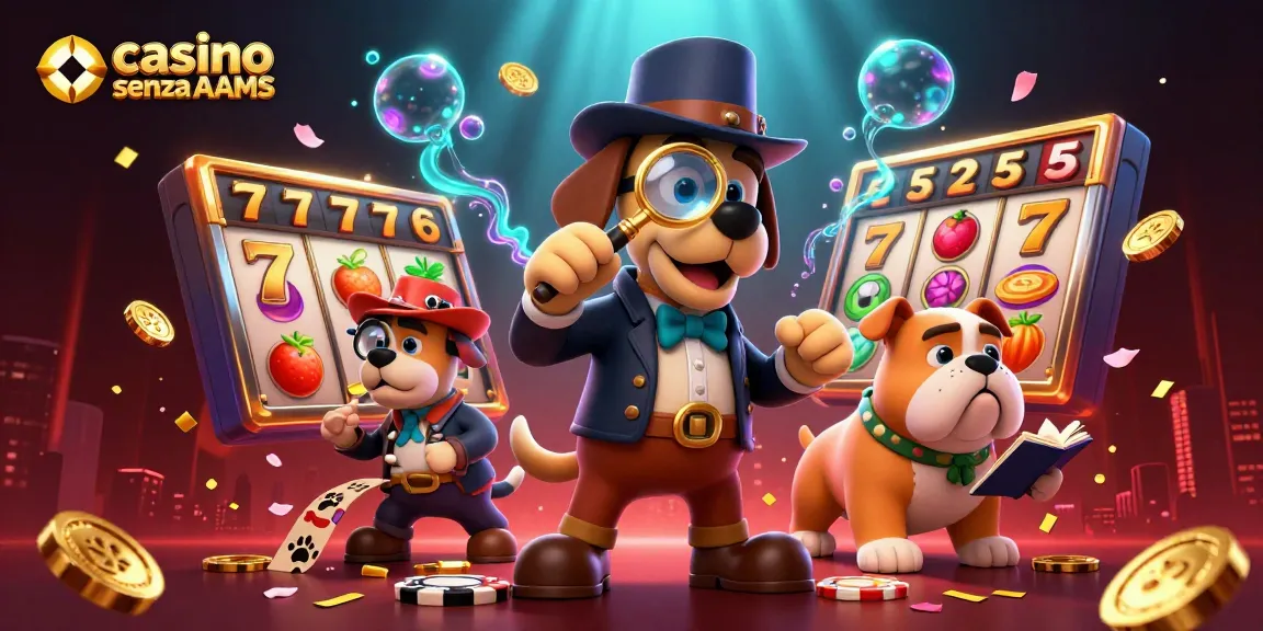 Scopri l'emozione del casino senza AAMS con una scena da detective giocosa piena di elementi di gioco.