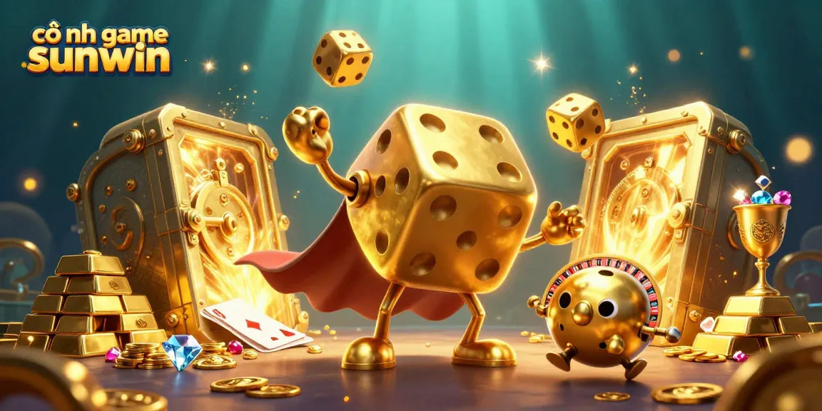 Experience the thrill of cổng game sunwin with dynamic golden dice characters and a dazzling treasure backdrop.