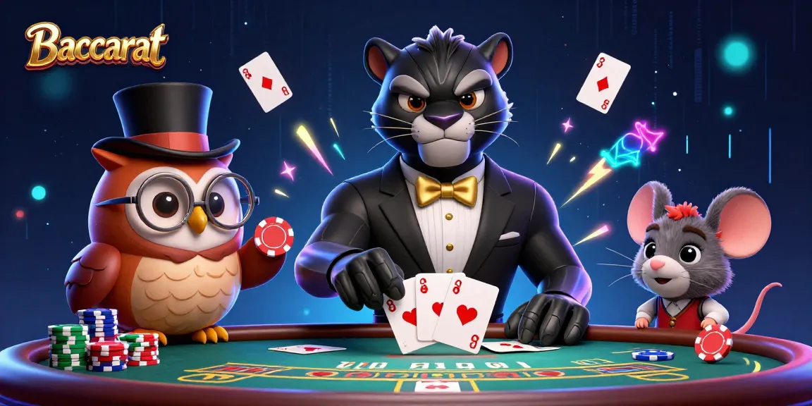 Baccarat table scene with a panther dealer, owl chip holder, and mouse in a vibrant casino setting.