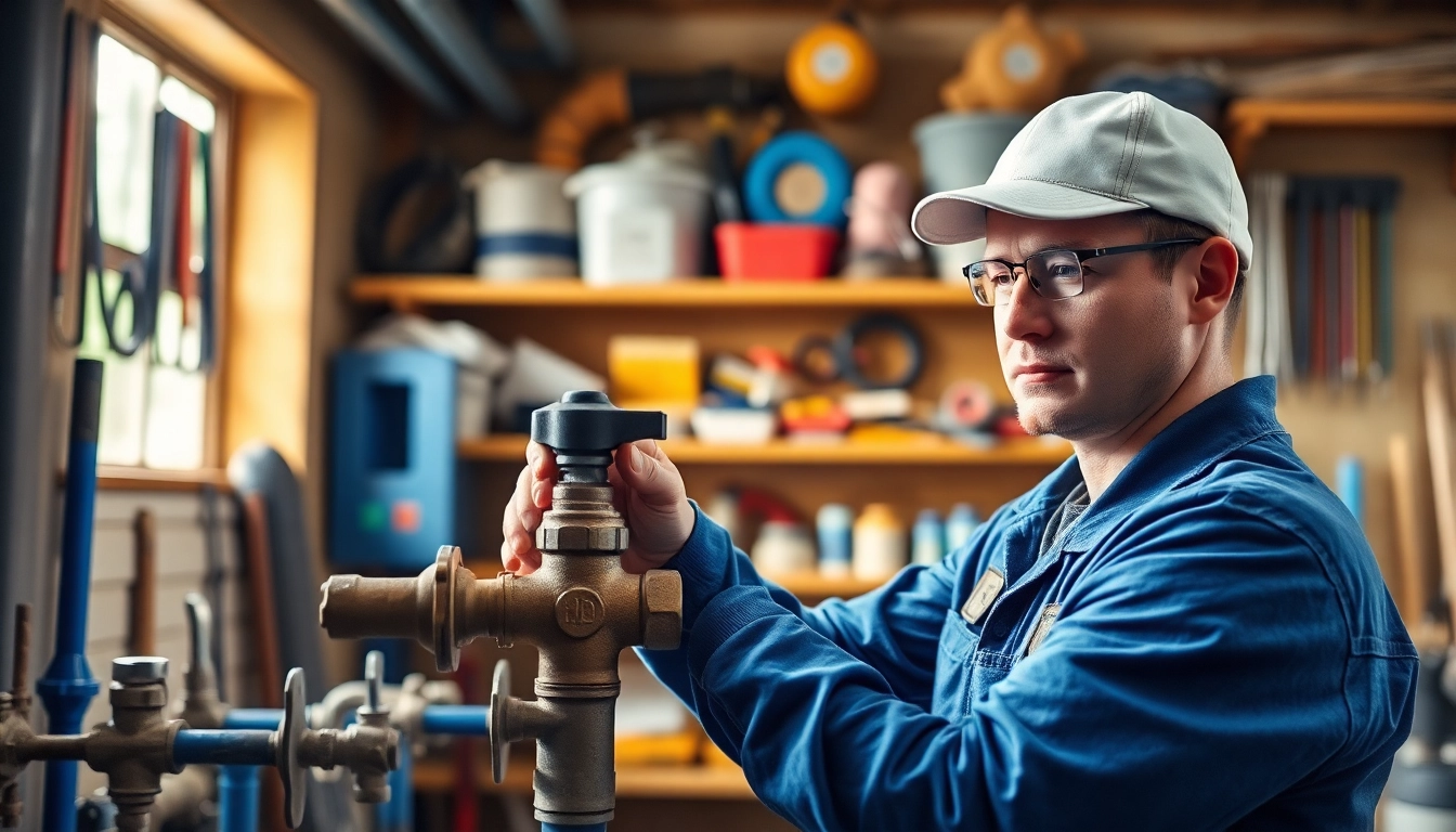Engaging plumber showcasing skills during a plumbing apprenticeship in a well-equipped workshop.