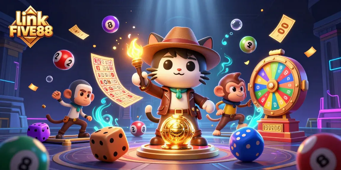 Join the excitement at link FIVE88 with dynamic lottery balls and festive casino elements surrounding the exploring cat!