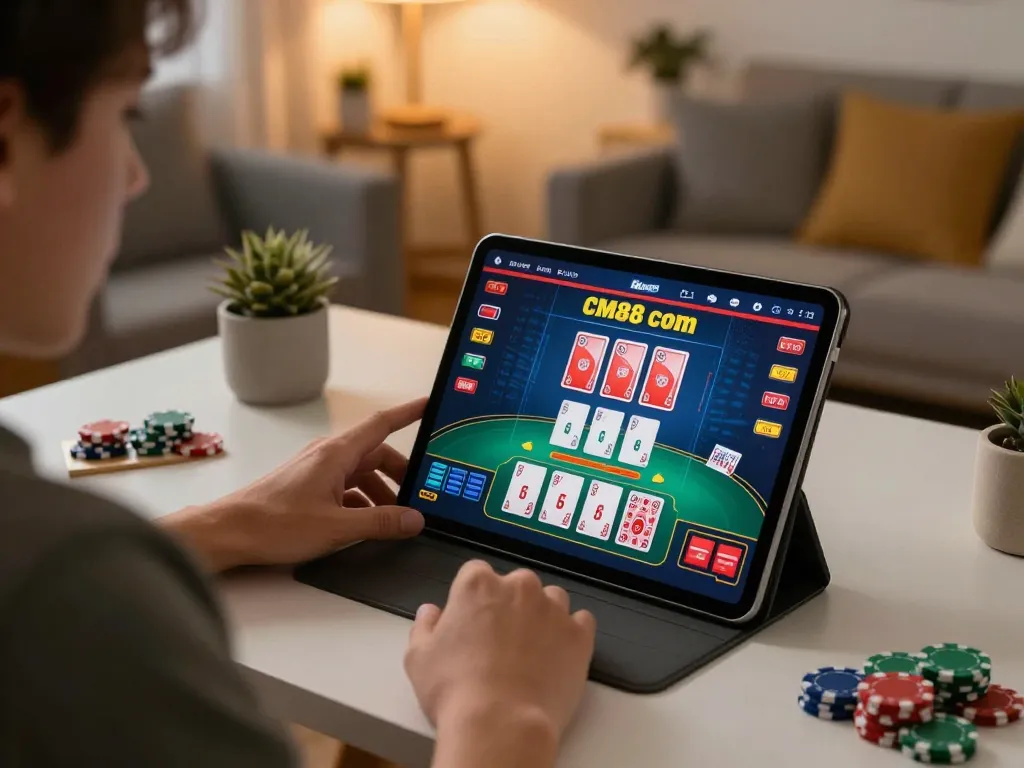 Gambling on CM88 com with an interactive live dealer game on a tablet in a cozy home setup