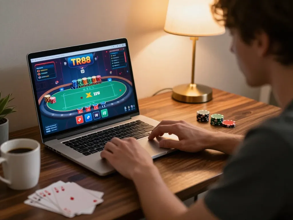 Engaged player strategizing on TR88 online poker platform in a cozy home setting