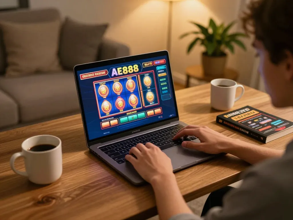 Engaged user exploring AE888 online casino gaming on a laptop, featuring vibrant graphics and a cozy atmosphere