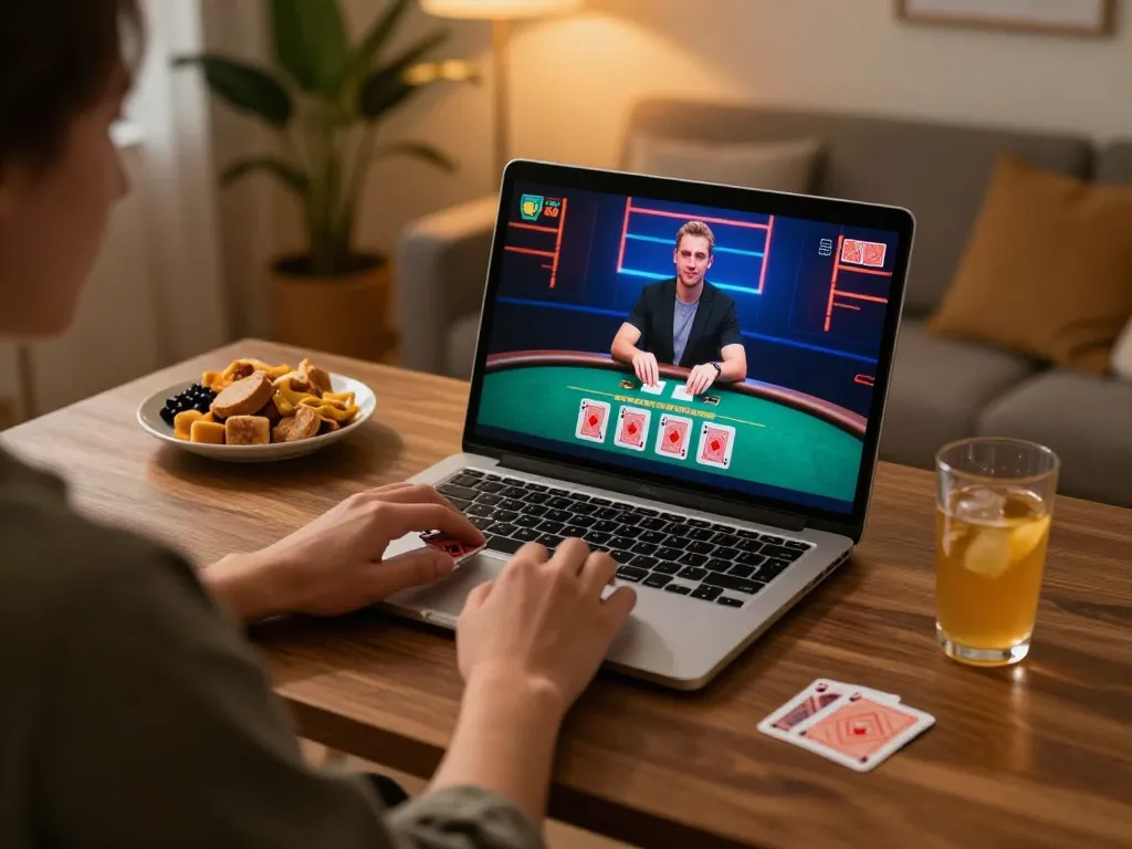 Engaged player enjoying LC88 blackjack game online in a cozy home setup
