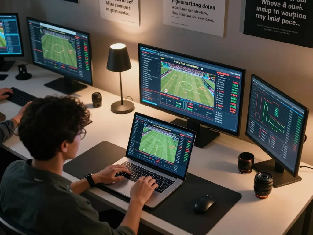 Person engaging in online sports betting at home, showcasing the manclub platform with live sports stats and modern interface.