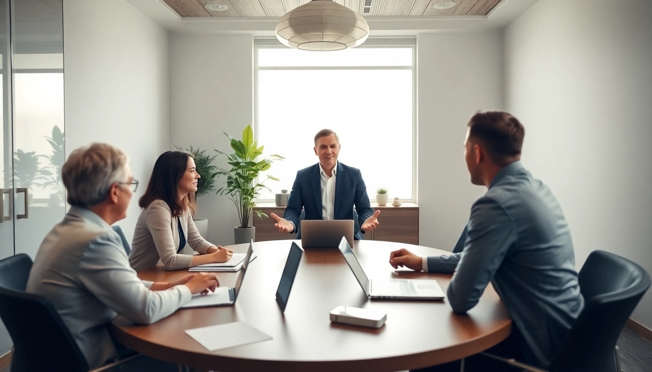 Mediation session in a modern setting with a mediator guiding conversation.