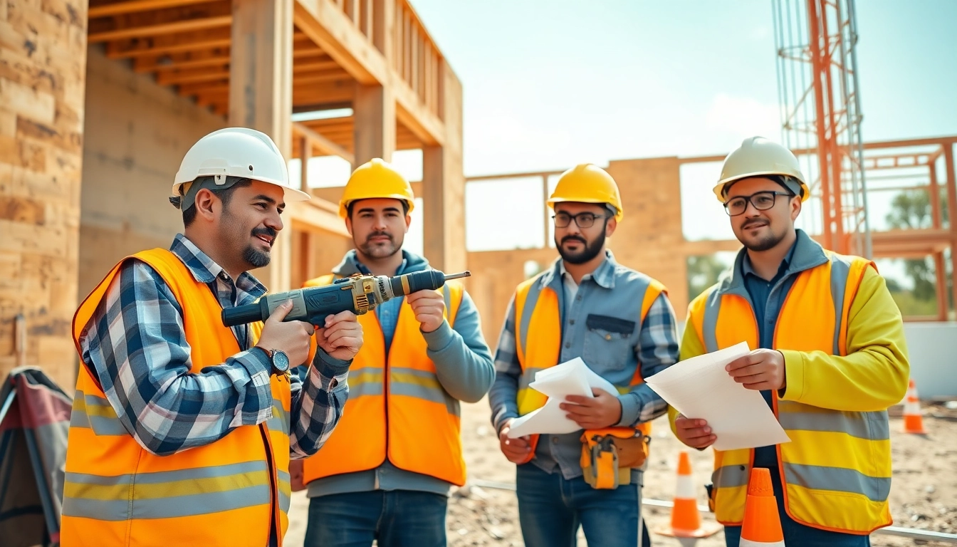 Construction training programs with trainees using tools and safety gear in a vibrant outdoor setting.