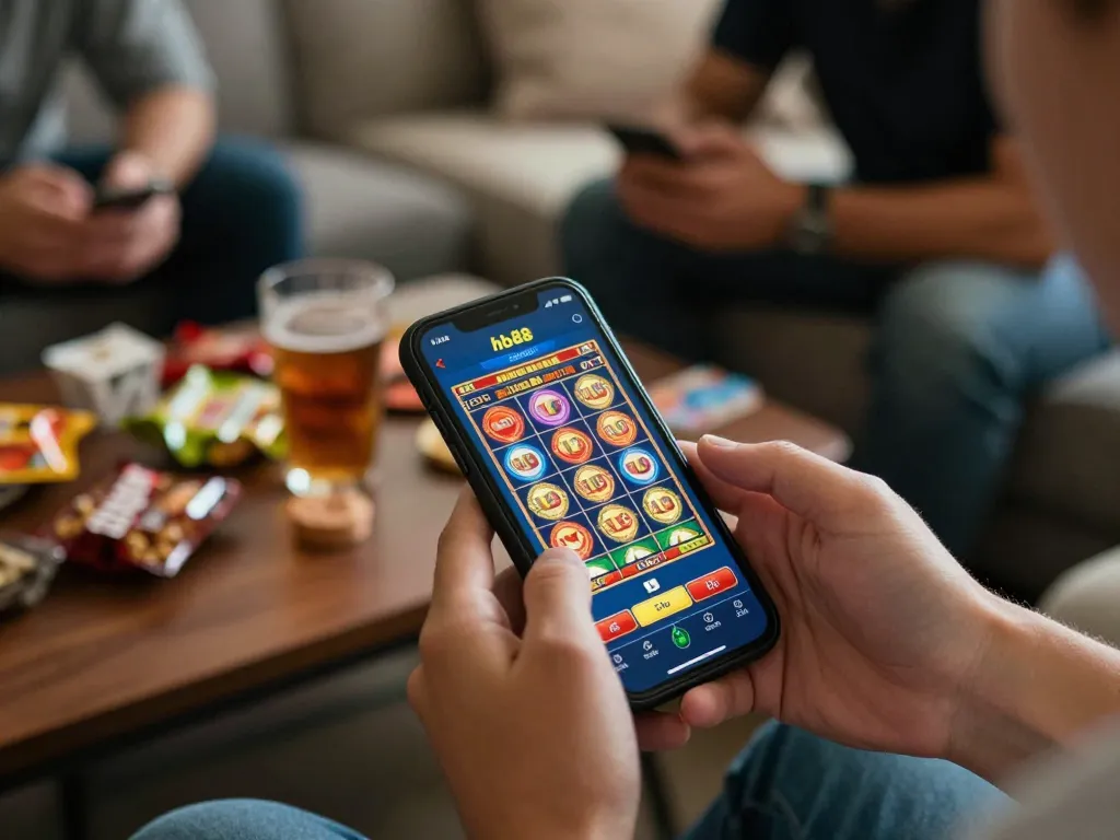 hb88 players engaging with mobile app in a cozy home setting enjoying online casino gaming