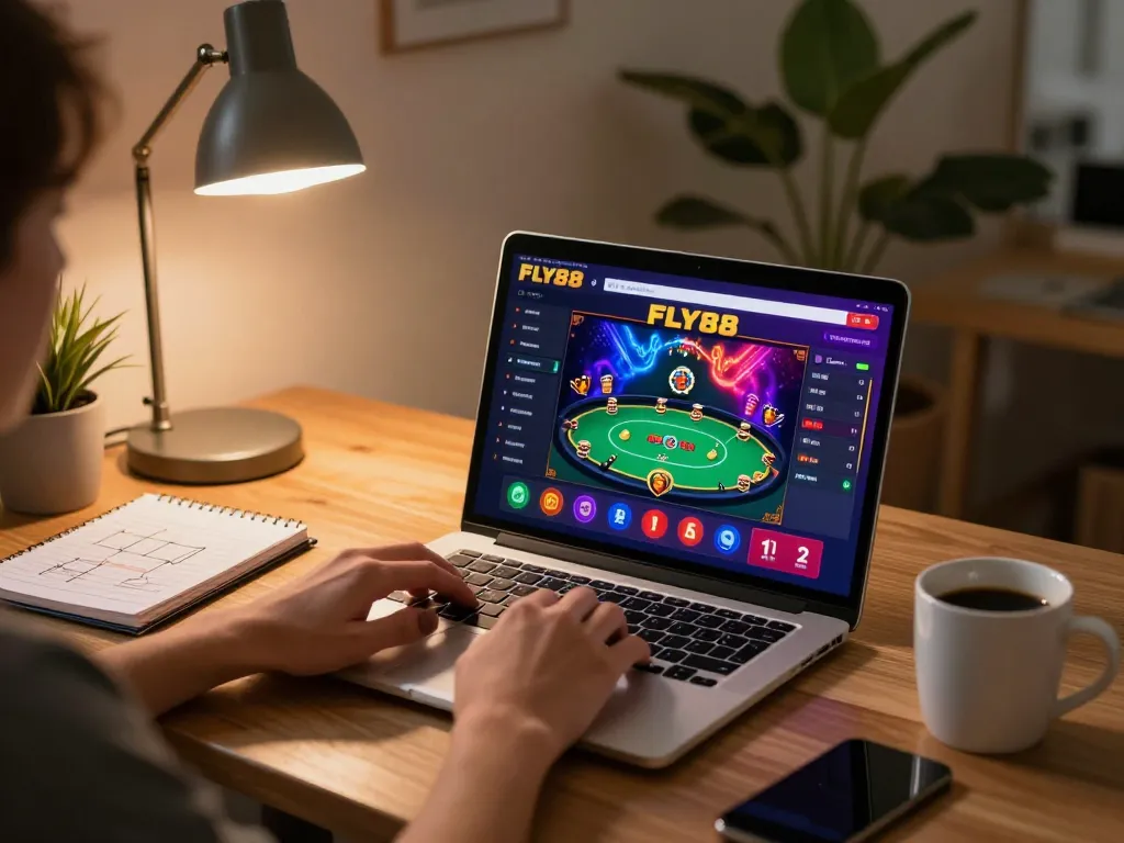 Play exciting poker on the fly88 app in a cozy home setting with a stylish laptop setup.