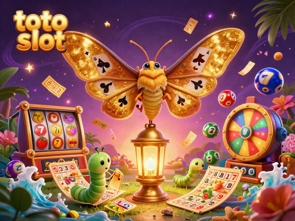 Engage with the vibrant world of toto slot in this dynamic 3D illustration featuring a spectacular moth amidst lively casino elements.