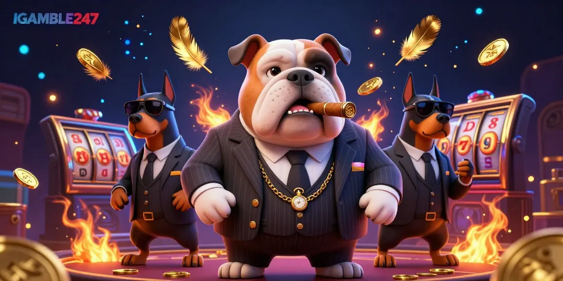 Experience thrilling slots action at IGAMBLE247 with a charismatic mafia bulldog leading the way in this captivating casino scene.