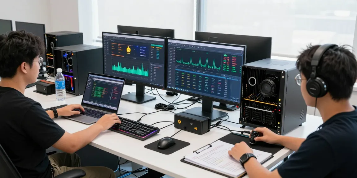 bitcoin mining company setup with advanced technology and monitoring tools in a professional workspace