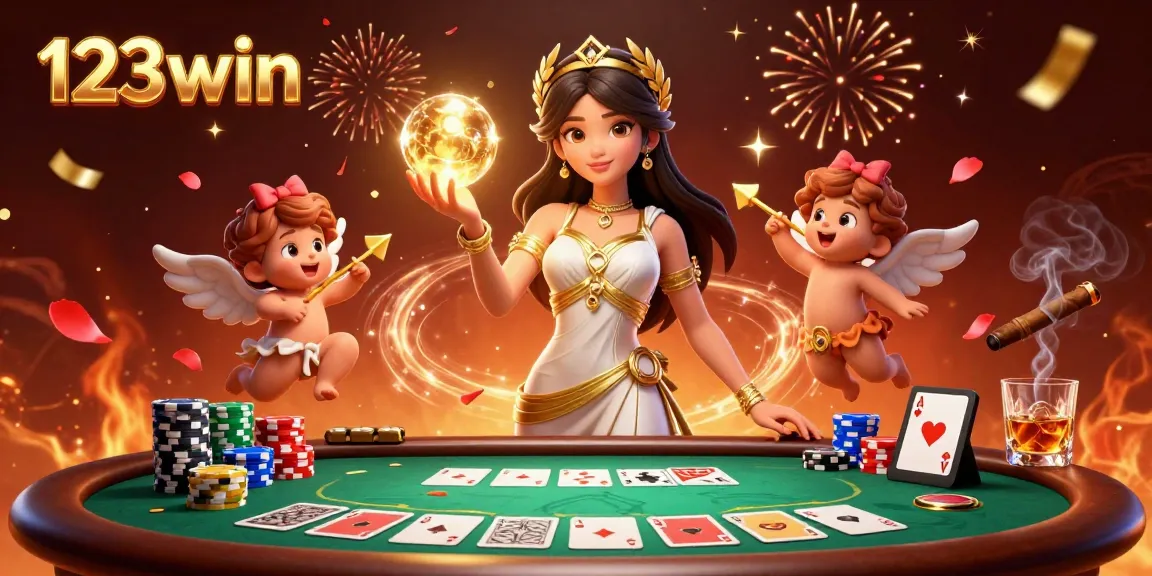 Engage in thrilling games at 123win with a stunning illustration of a goddess and Cupid cherubs.