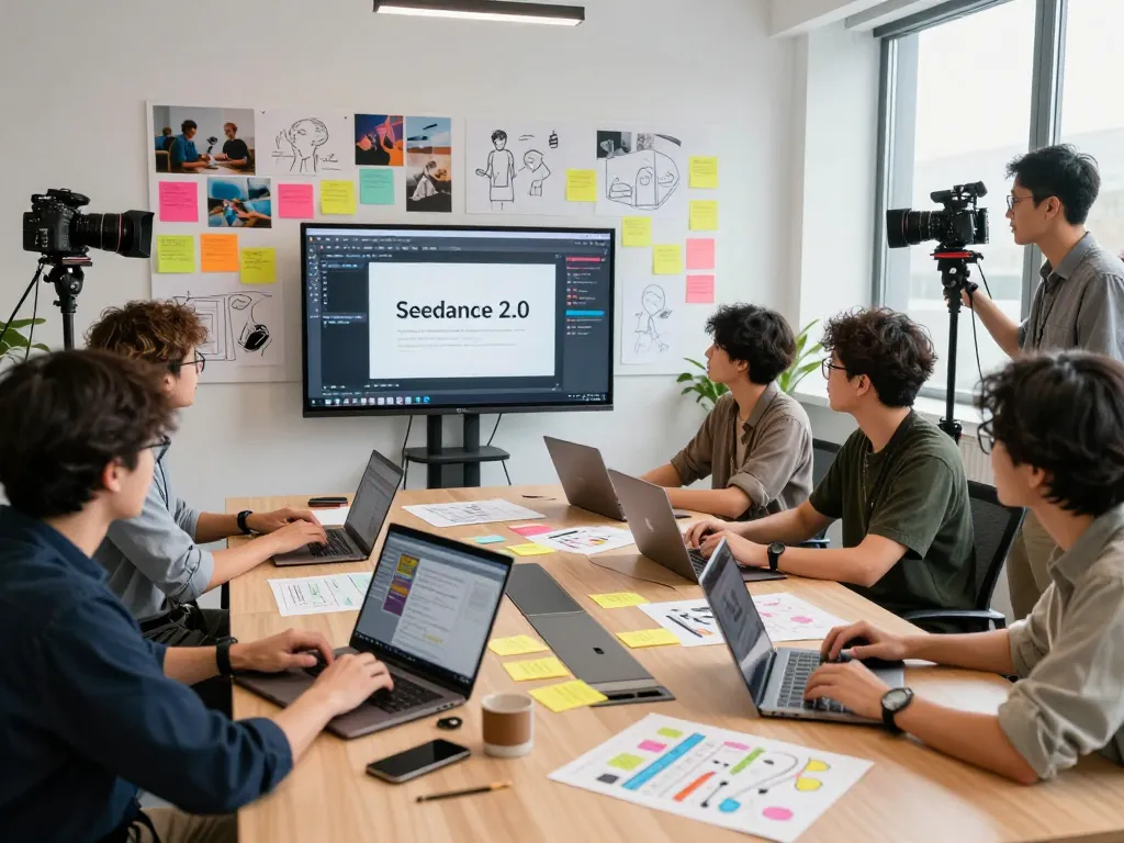 Seedance 2.0 users collaborating in a creative workspace showcasing video creation technology and innovative teamwork.