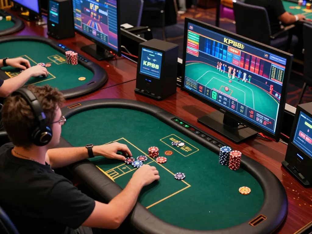 Engaging with the KP88 online casino platform, showcasing poker gameplay and live dealer interaction.